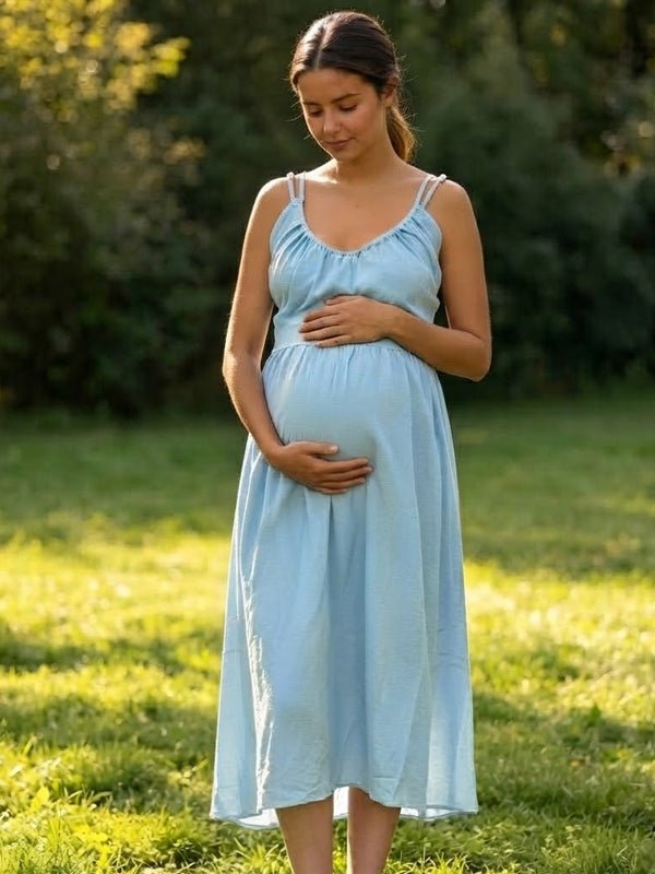 Momyknows Spaghetti Strap Lace Up Ruched Photoshoot Maternity Midi Dress - Blue - 2