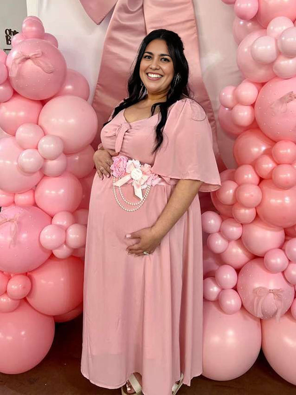 Light Pink Bow Flutter Sleeve Maternity Maxi Dress