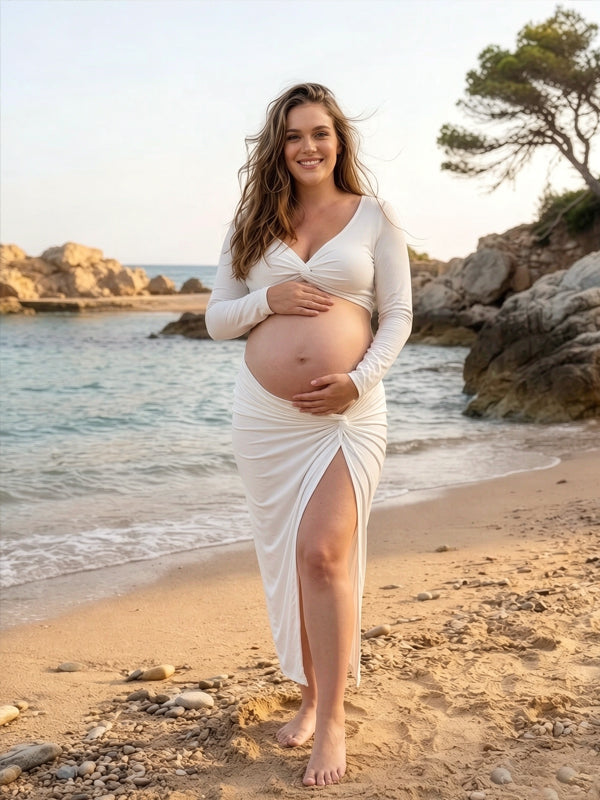 Momyknows Long Sleeve Off Shoulder Side Slit Ruffle Solid Color 2-in-1 Photoshoot Maternity Clothes