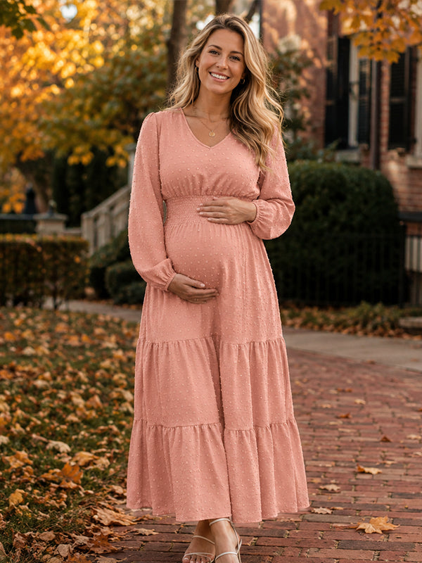 Pink Elegant Ruffle Smocked Maternity Midi Dress with A-Line Silhouette and Photoshoot Fit
