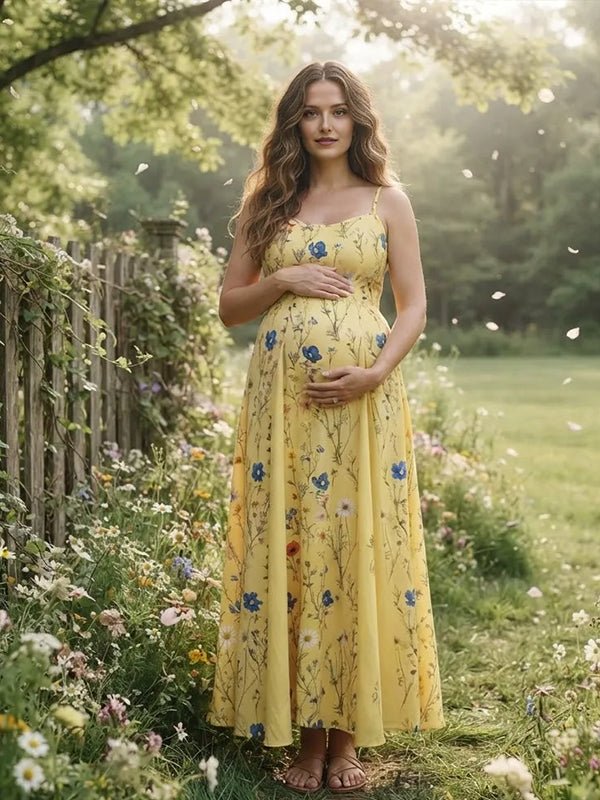 Momyknows Spaghetti Strap Print Spliced Big Swing Maternity Photoshoot Maxi Dress - Yellow - 2
