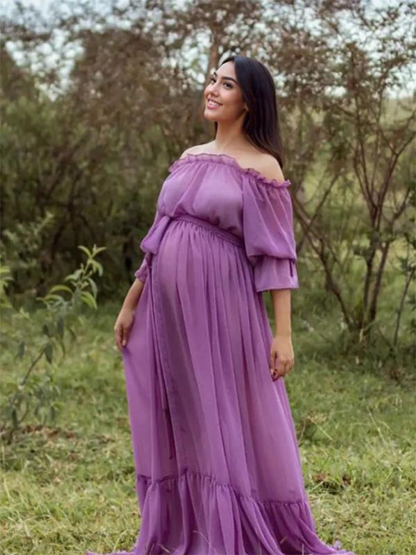 Momyknows Purple Chiffon Flowy Off Shoulder Belt Ruffle Falbala Big Swing Boho Beach Vacation Maternity Photoshoot Baby Shower Maxi Dress