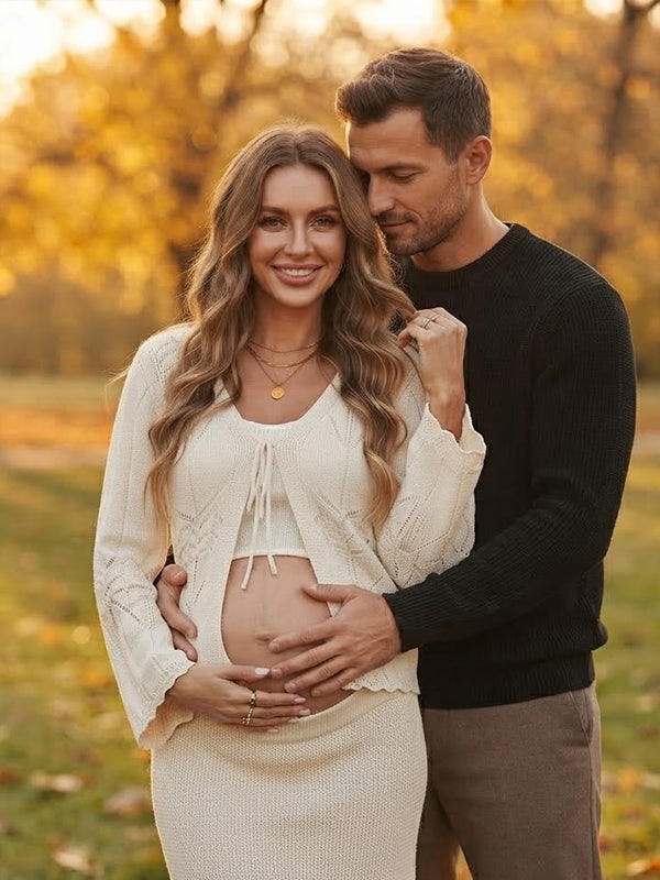 Apricot Lace Up Maternity Top with Crochet Detail and Flare Sleeves