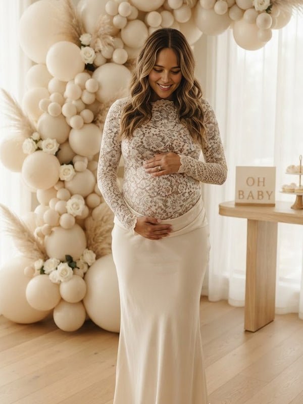 Momyknows Lace Splicing Trumpet Ruched Maternity Baby Shower Maxi Dress - White - 1