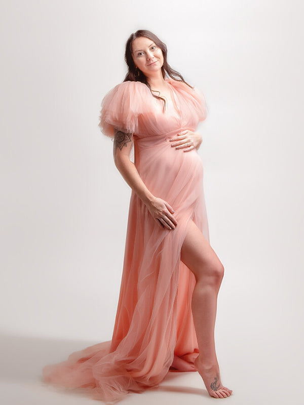 Momyknows Luxury Boho-Inspired Maternity Dress for Baby Shower and Photoshoot - Elegant Ruffle Detailing in Blush Pink Lotus Pink / L Momyknows Luxury Boho-Inspired Maternity Dress for Baby Shower and Photoshoot - Elegant Ruffle Detailing in Blush Pink Lotus Pink / L