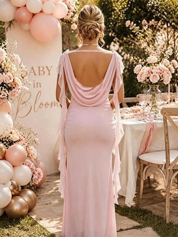 Momyknows Pink Bodycon Falbala Ribbon Open Back Ruched Dress Baby Shower Maxi Dress - Pink - 3