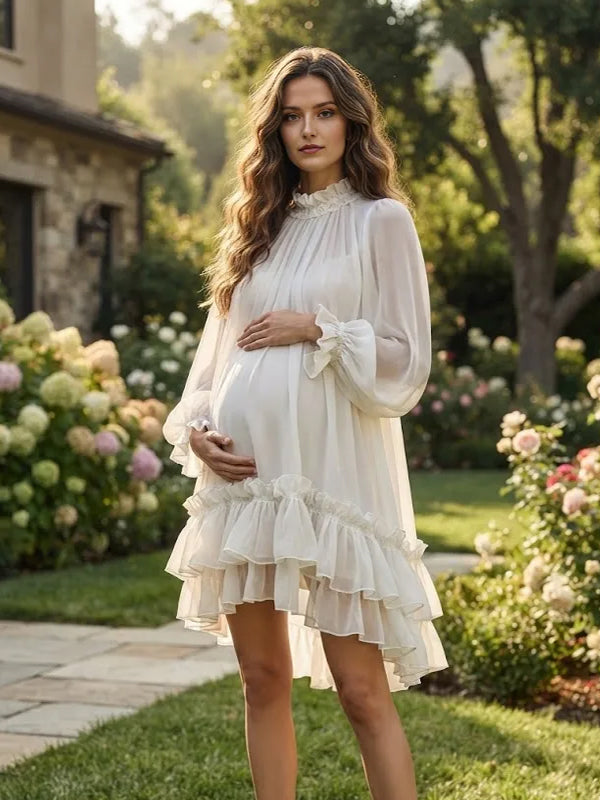 White Ruffle Maternity Mini Dress with Flare Sleeves and Big Swing Silhouette and Elegant Fit, Photoshoot Occasion