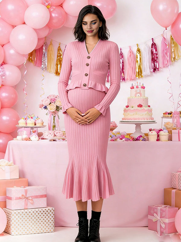 Momyknows Falbala Crochet Pocket Tache Two Piece Maternity Sweater Baby Shower Maxi Dress