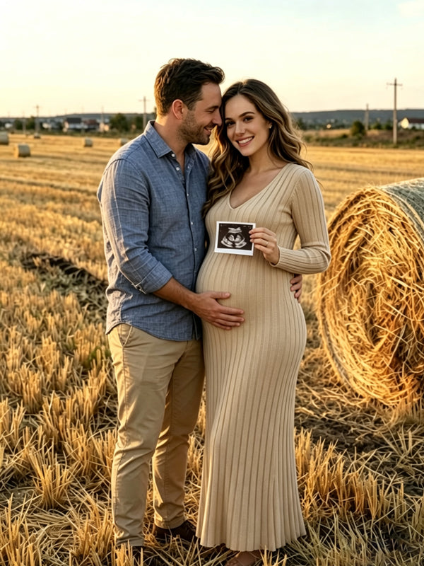 Khaki Stretchy Crochet Maternity Dress with V-Neck and Comfortable Fit