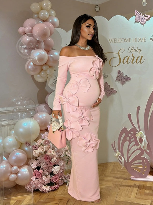 Momyknows Pink Off Shoulder 3D Flower Backless Maternity Baby Shower Maxi Dress