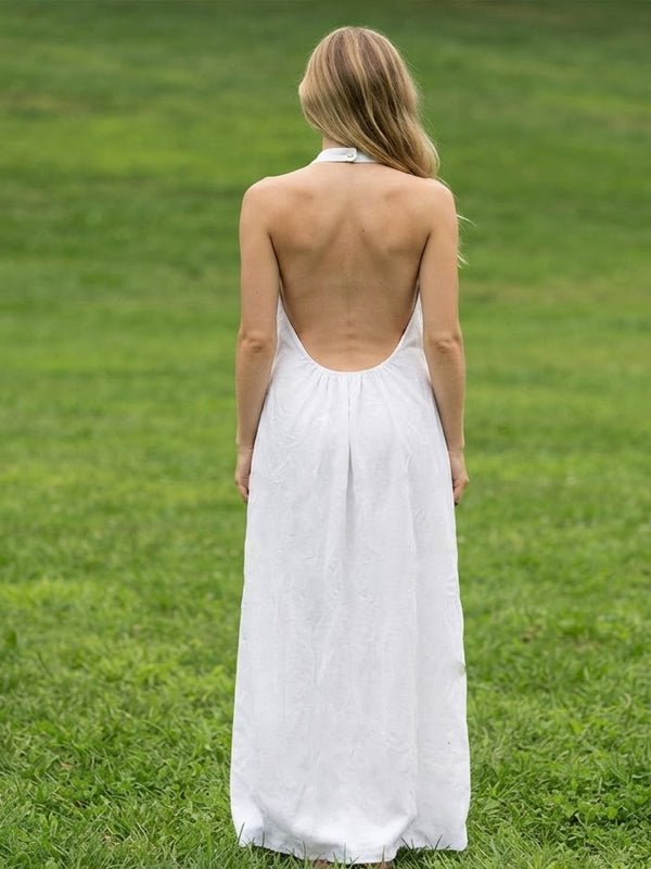 Momyknows Halter Neck Open Back Plus Size Maternity Photoshoot Maxi Dress - White - 3