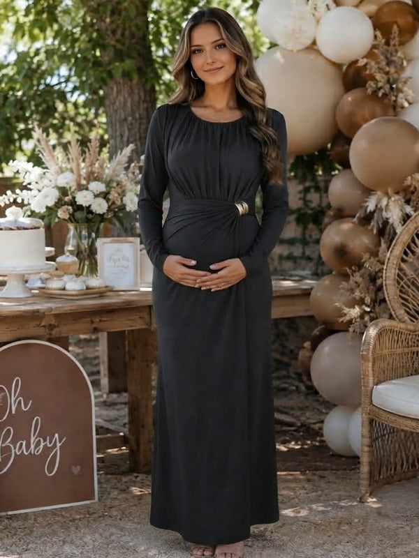 Black Maternity Maxi Dress with Ruched Design and Decorative Metal Clasp and Elegant Silhouette, Baby Shower Occasion
