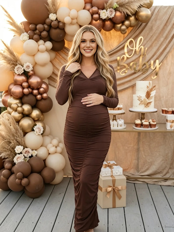 Brown V-Neck Maternity Maxi Dress with Pleated Details and Long Sleeves and Stretchy Fit