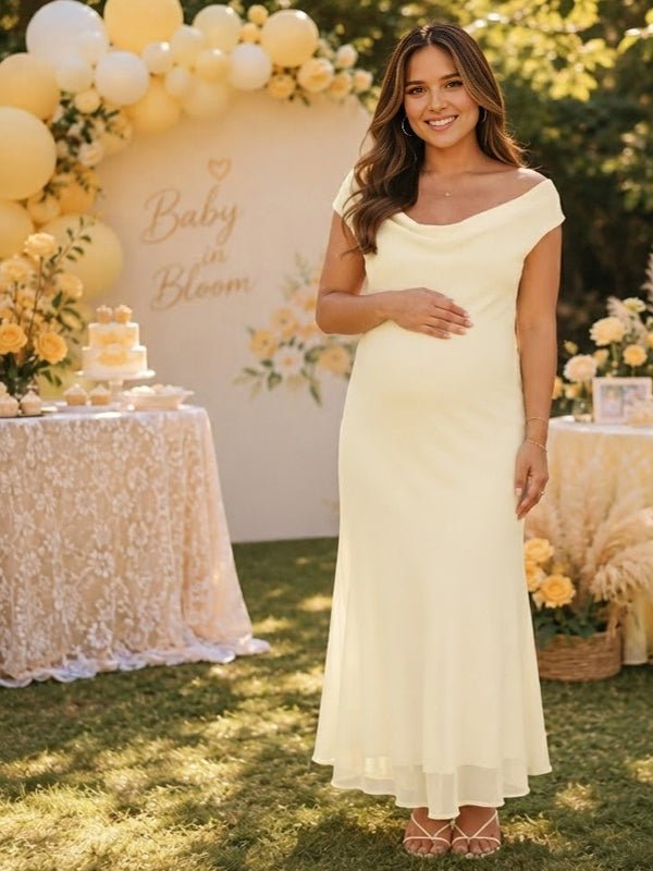 Momyknows Print Off Shoulder Grenadine Backless Maternity Baby Shower Maxi Dress - Yellow - 4