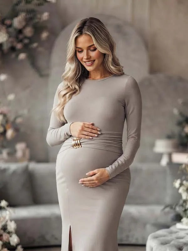 Momyknows Grey Backless Ruffle Slit Irregular Midriff Maternity Baby Shower Maxi Dress