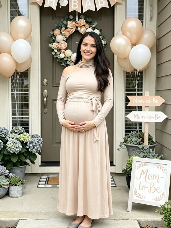 Apricot Maternity Maxi Dress with Ruched Design and Oblique Shoulder and Flattering Silhouette, Baby Shower Style