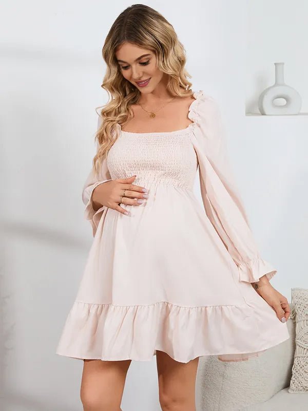 Momyknows Square Neck Flare Sleeve Falbala Backless Solid Color Photoshoot Maternity Mini Dress - White - 2