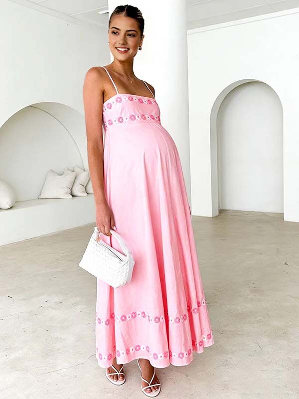 Momyknows Chic Flowers A-Line Spaghetti Straps Baby Shower Vacation Maternity Maxi Dress