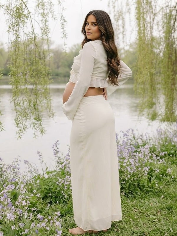 Momyknows Ruffle Lace Up Two Piece Maternity Photoshoot Maxi Dress - White - 3