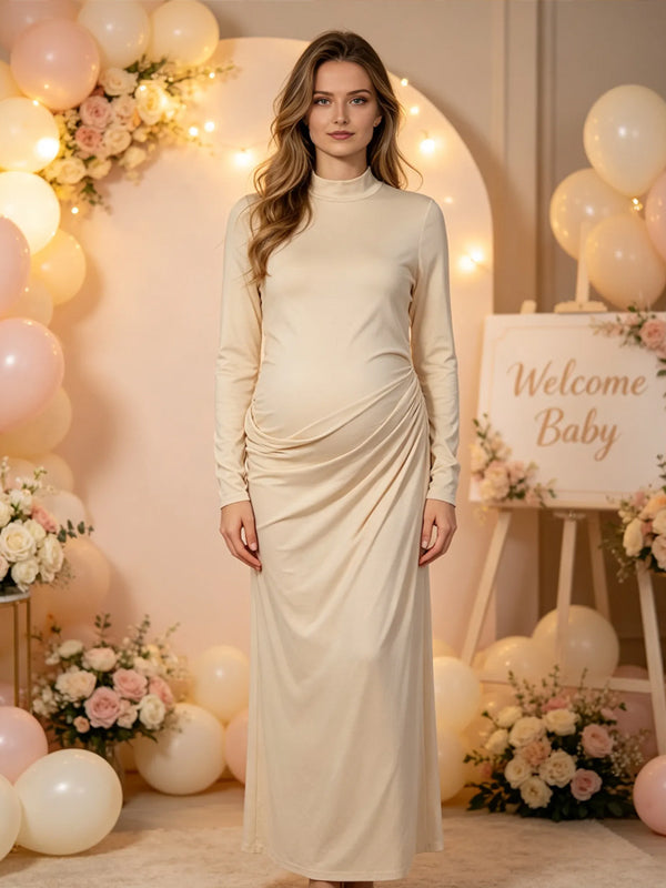Apricot Elegant Button Detail Maternity Maxi Dress with Ruched Bodycon Shape
