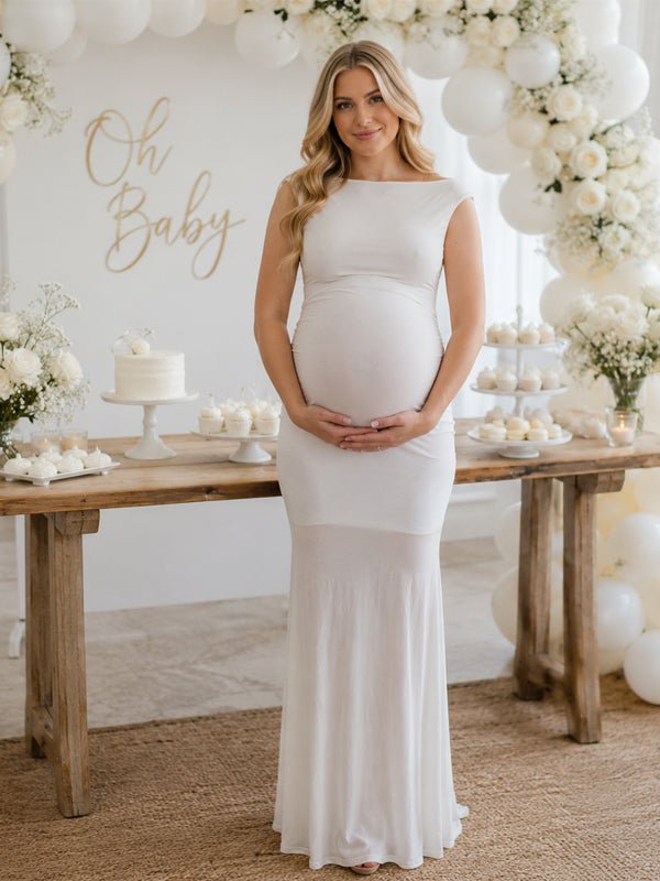 Momyknows White Oblique Shoulder Ruched Backless Maternity Baby Shower Maxi Dress, White / XS