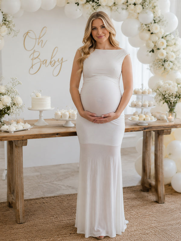 Momyknows White Oblique Shoulder Ruched Backless Maternity Baby Shower Maxi Dress