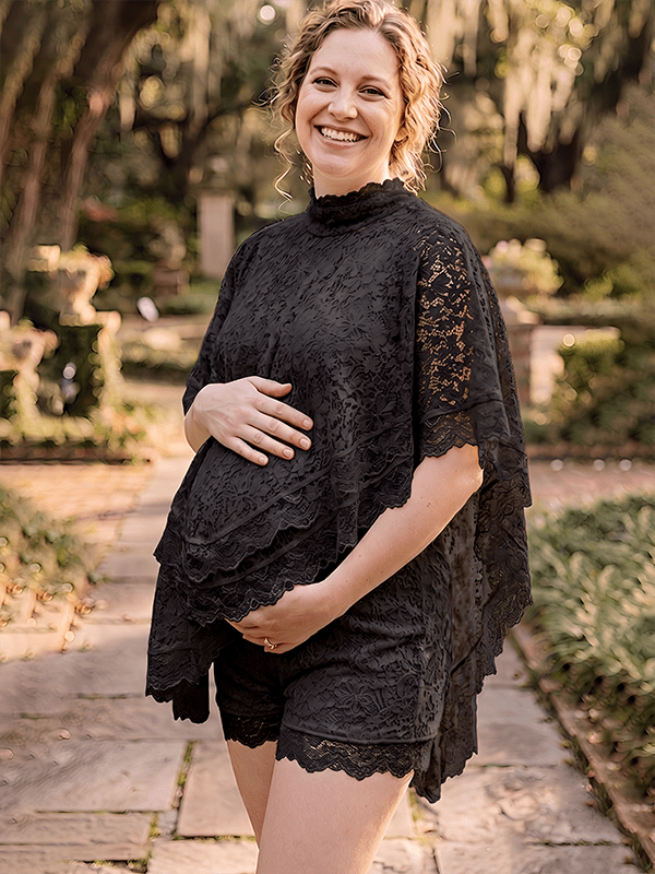 Momyknows Lace Halter Neck Backless 2-in-1 Photoshoot Vacation Maternity Tops Shorts - Black - 6
