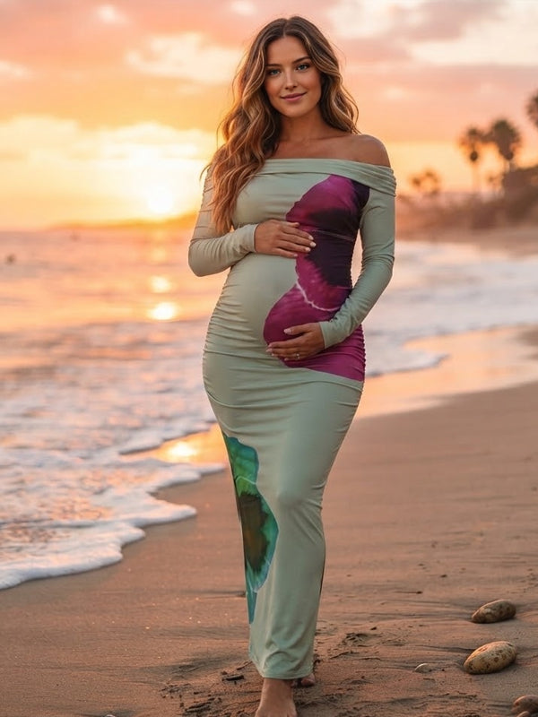 Green Print Maternity Maxi Dress with Off Shoulder and Backless Bodycon Fit