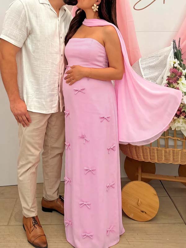 Momyknows Pink 3D Bow Bandeau Bodycon Baby Shower Maternity Maxi Dress