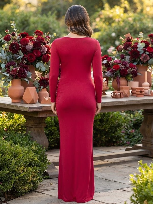 Momyknows Red Ruched Lace Up Bodycon Maternity Baby Shower Maxi Dress - Red - 5
