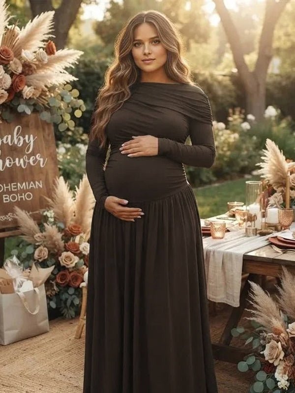 Momyknows Brown Cape Big Swing Ruched Maternity Baby Shower Maxi Dress - Brown - 1
