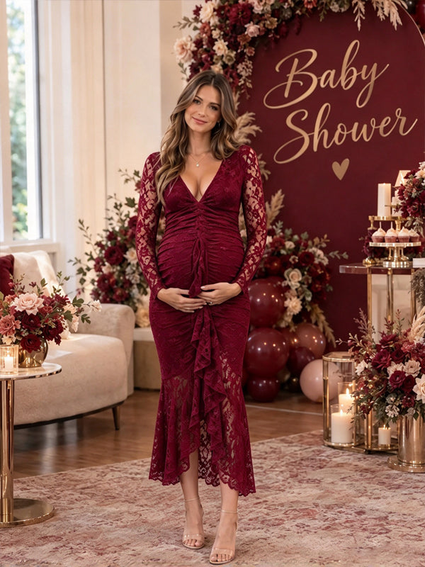 Wine Red Lace Ruffle Baby Shower Maternity Maxi Dress