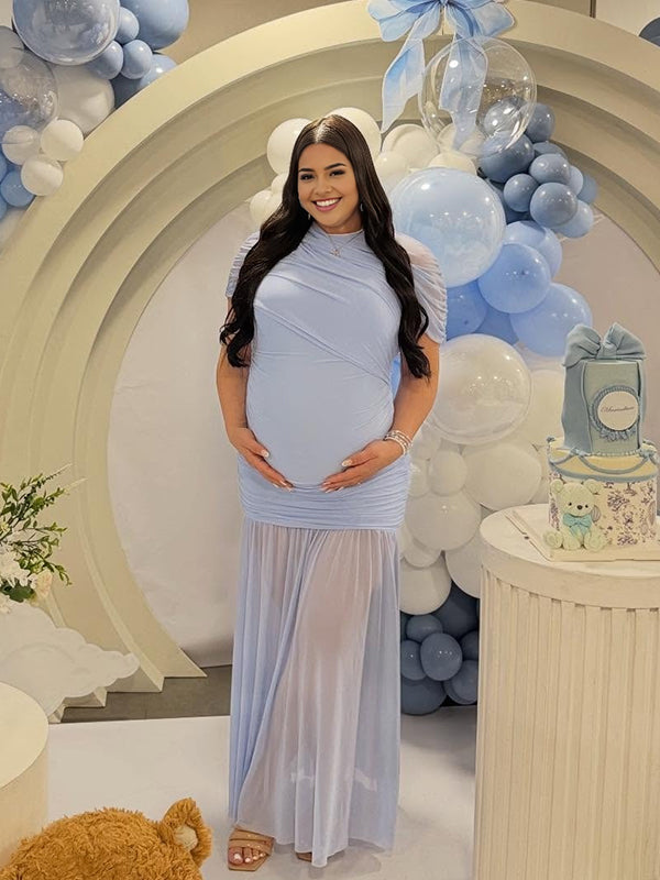 Momyknows Blue High Neck Ruched Grenadine Splicing Sheer Maternity Baby Shower Maxi Dress