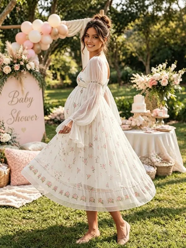 Momyknows Rice White Ruched High Waisted Open Back Flare Sleeve Embroidery Baby Shower Maxi Dress - Rice White - 2