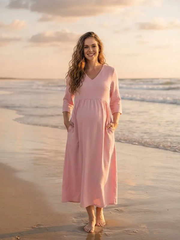 Pink Long V-Neck Maternity Dress with Three-Quarter Sleeves and Pockets and Casual Fit, Beach Photoshoot