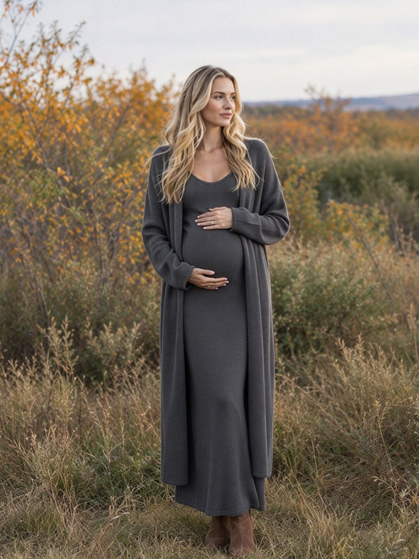 Grey Maternity Maxi Dress with Crochet Knit Cardigan and Coordinated Two Piece Styling, Photoshoot Occasion