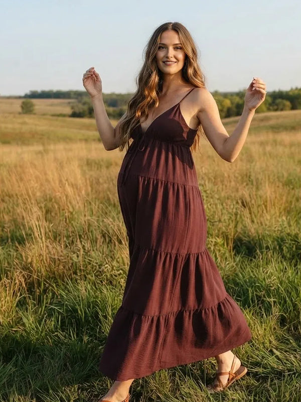 Brown Spaghetti Strap Maternity Maxi Dress with Lace Up Detail
