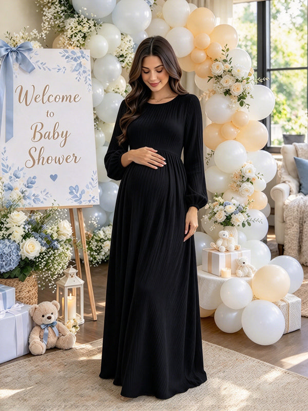 Black Maternity Maxi Dress with Ruched Details and A-Line Big Swing Silhouette, Baby Shower Occasion