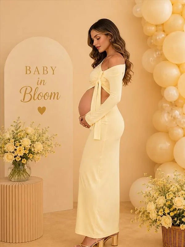 Momyknows Yellow Ruffle Lace-up Irregular Midriff Maternity Baby Shower Maxi Dress - Yellow - 1