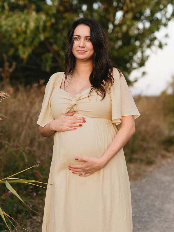 Momyknows Bow Flutter Sleeve Solid V-neck Flowy Vacation Beach Cute Baby Shower Photoshoot Maternity Maxi Dress - Apricot - 11
