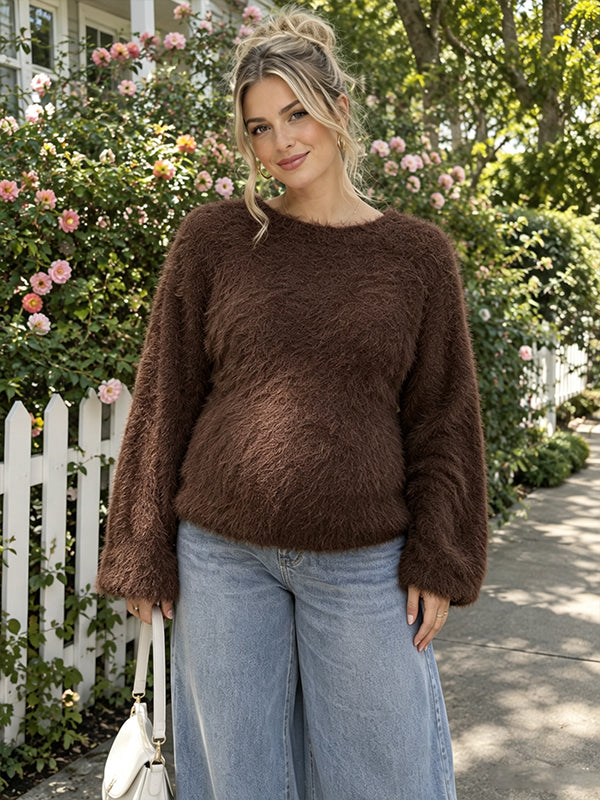 Brown Fluffy Maternity Top with Round Neck Design and Elegant Silhouette, Photoshoot Occasion