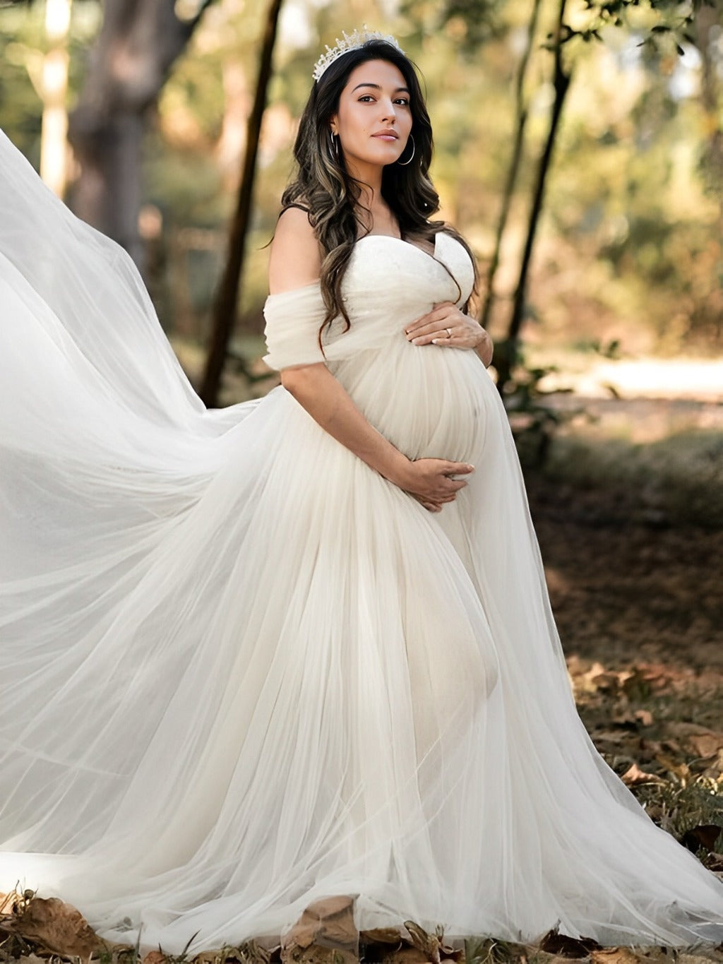 Momyknows Grenadine Tulle Lace Off Shoulder Baby Shower Photoshoot Pregnant Maternity Maxi Dress