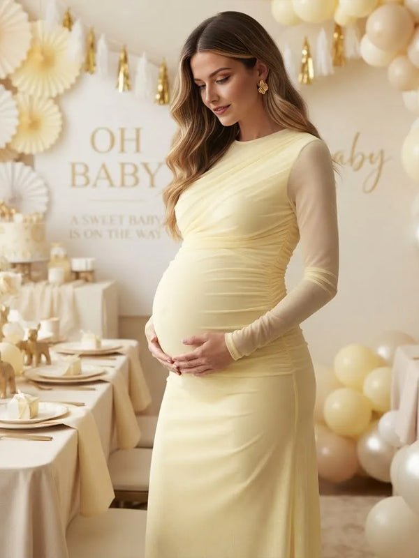 Momyknows Ruched Sheer Grenadine Bodycon Maternity Baby Shower Maxi Dress - Yellow - 3