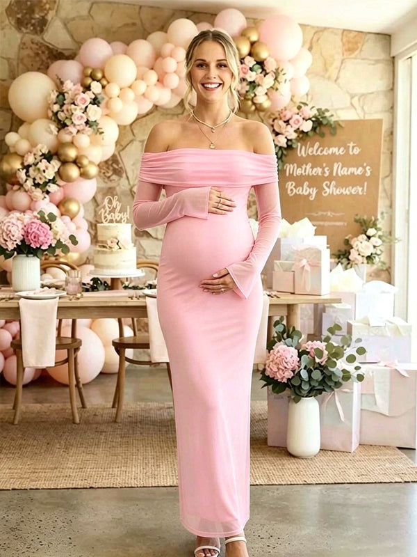 Momyknows Pink Long Sleeve Off Shoulder Backless Grenadine Babyshower Maternity Midi Dress