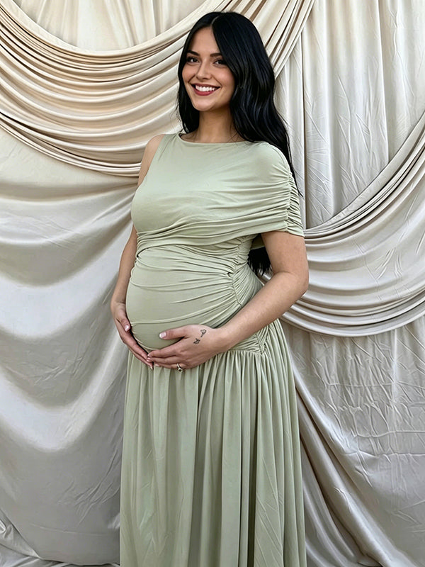 Momyknows Chic Green Cascading Ruffle Irregular Asymmetric Shoulder Baby Shower Maternity Maxi Dress