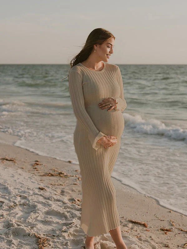Momyknows Solid Color Sashes Knit Lace-up High Waist Going Out Photoshoot Maternity Sweater Maxi Dress