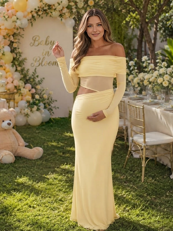 Yellow Sheer Maternity Maxi Dress with Off Shoulder Neckline and Midriff-Baring Detail