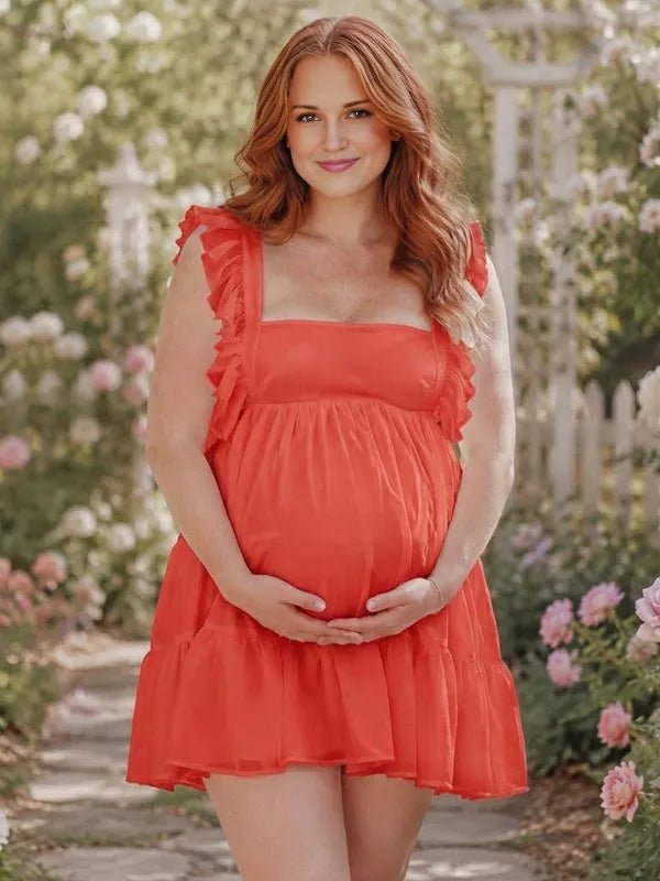 Momyknows Ruched Open Back Lace-Up A-line Bowknot Maternity Photoshoot Mini Dress - Watermelon Red - 4