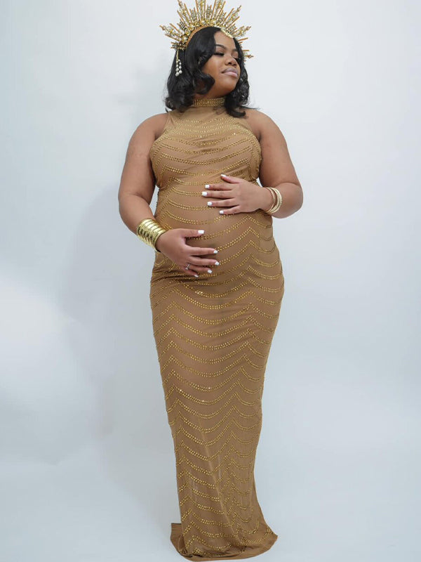 Momyknows Gold Rhinestone Mesh Sleeveless Backless Photoshoot Bodycon Evening Plus Size Maternity Maxi Dress