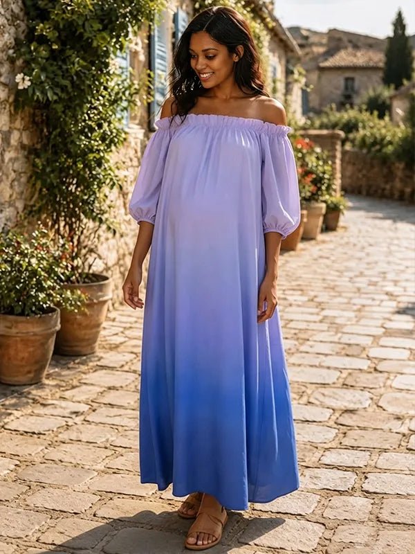 Momyknows Blue Off Shoulder Open Back Gradient Color Puff Sleeve Ruched Maternity Photoshoot Maxi Dress - Blue - 1